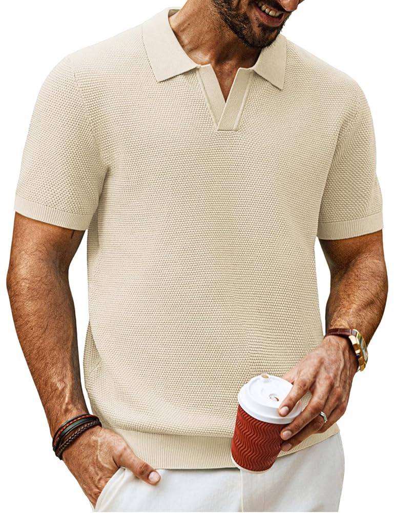 PJ PAUL JONES Mens Short Sleeve Polo Shirts V Neck Knitted